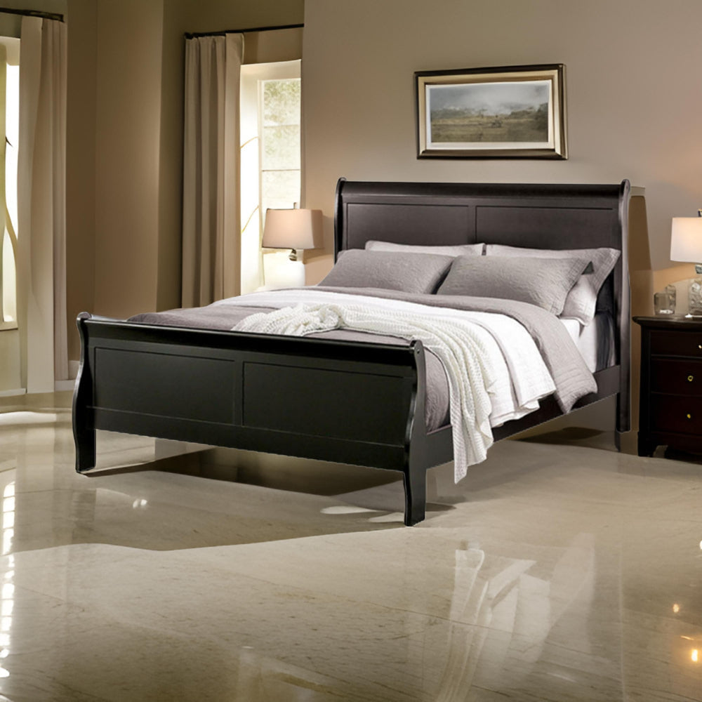 Ryla Twin Size Bed, Classic Sleigh Panel Headboard, Black Solid Wood By Casagear Home