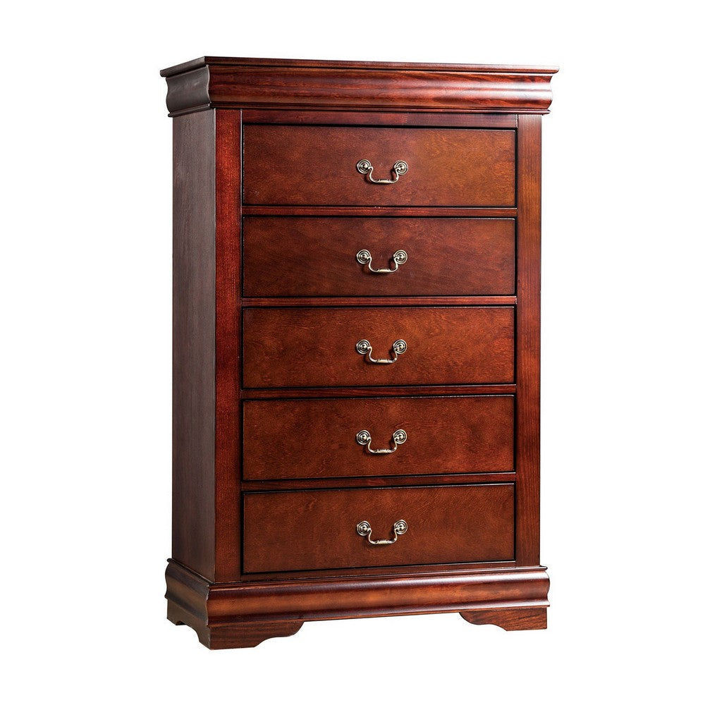 Ryla Tall Dresser Chest, 5 Drawers, Metal Handles, Cherry Brown Solid Wood By Casagear Home