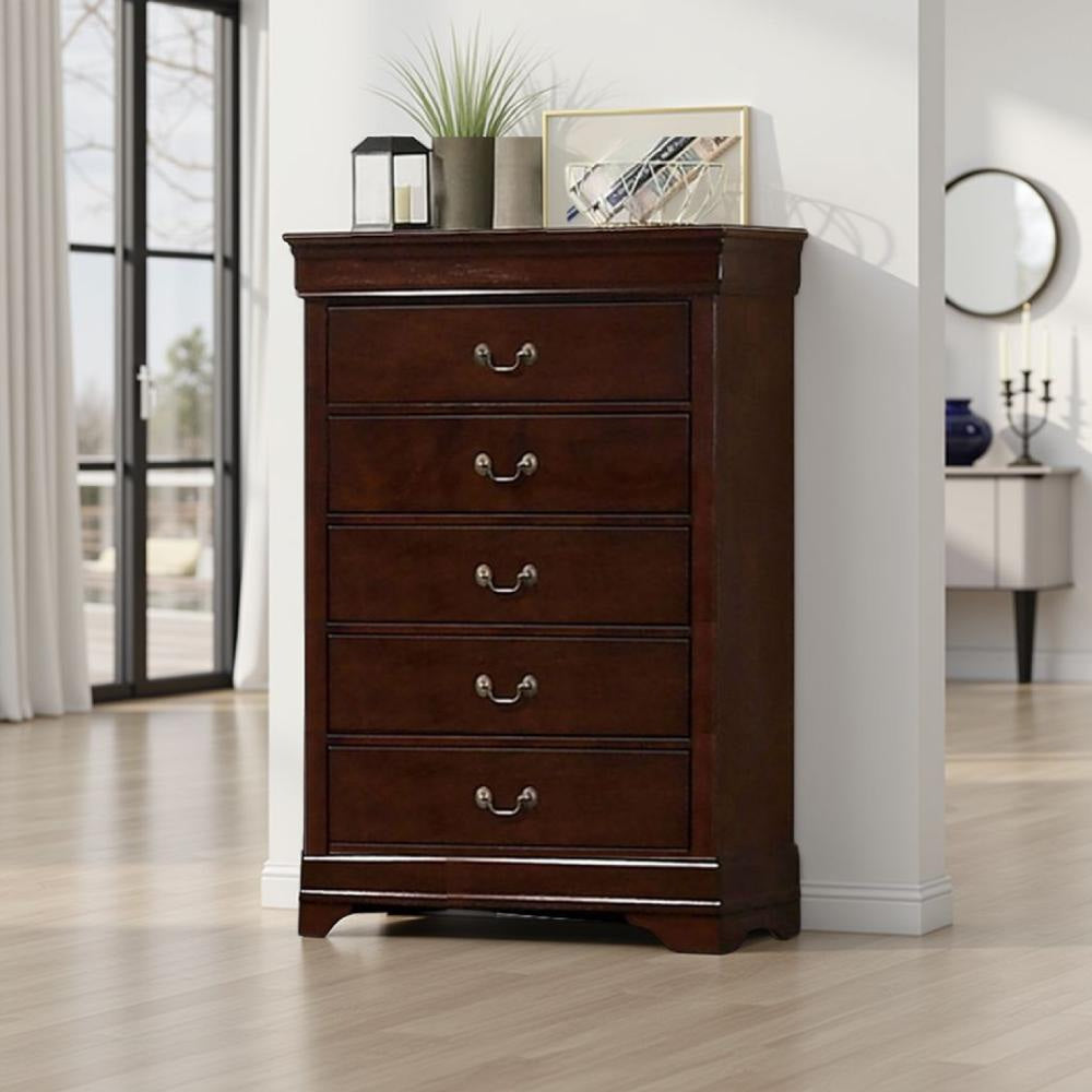 Ryla Tall Dresser Chest 5 Drawers Metal Handles Cherry Brown Solid Wood
