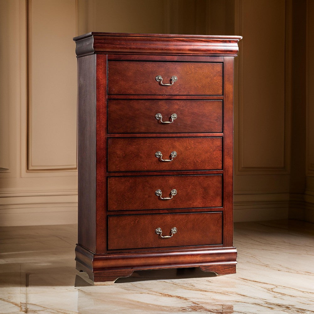 Ryla Tall Dresser Chest 5 Drawers Metal Handles Cherry Brown Solid Wood By Casagear Home BM319902