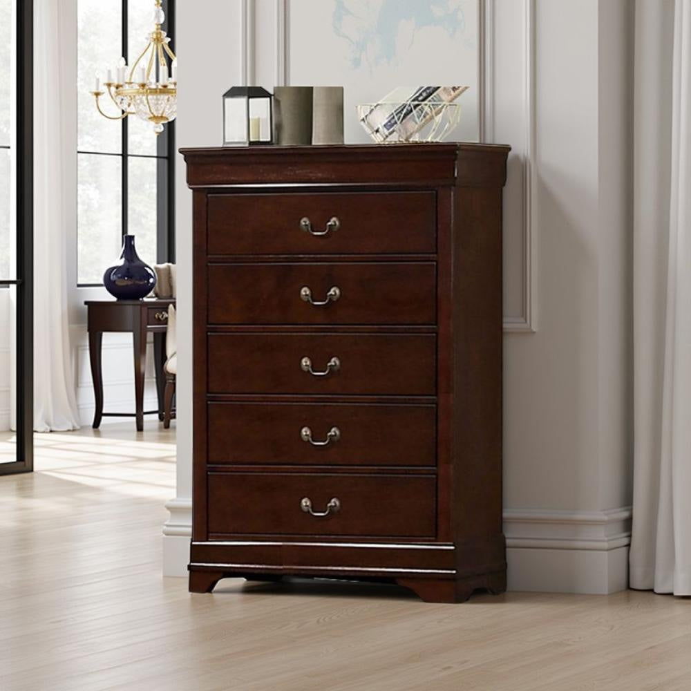 Ryla Tall Dresser Chest 5 Drawers Metal Handles Cherry Brown Solid Wood