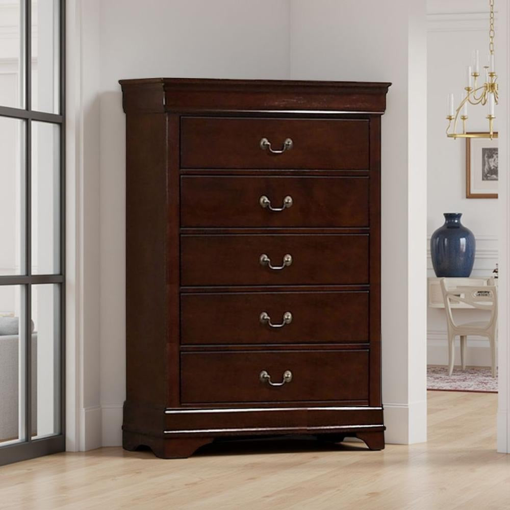 Ryla Tall Dresser Chest 5 Drawers Metal Handles Cherry Brown Solid Wood
