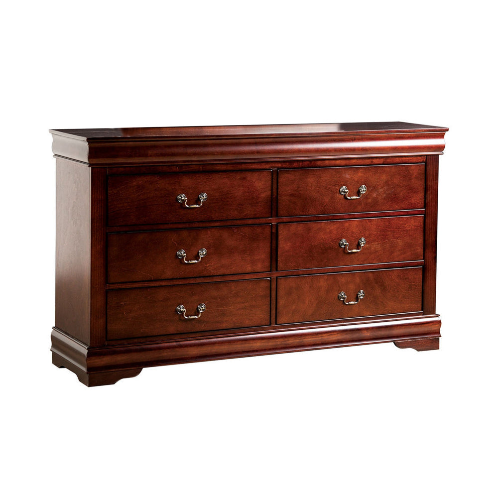 Ryla Wide Dresser, 6 Drawers, Bronze Metal Handles, Cherry Brown Solid Wood By Casagear Home