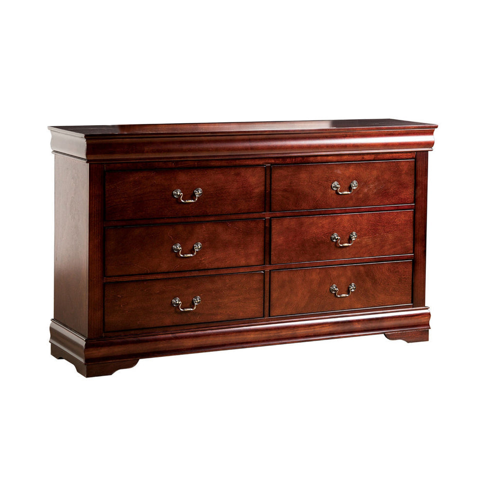 Ryla Wide Dresser, 6 Drawers, Bronze Metal Handles, Cherry Brown Solid Wood By Casagear Home