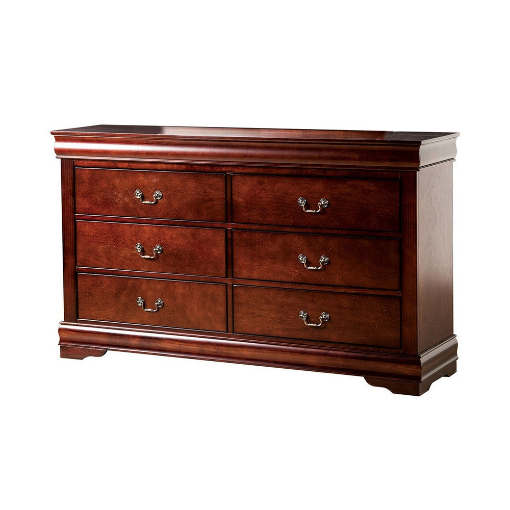 Ryla Wide Dresser, 6 Drawers, Bronze Metal Handles, Cherry Brown Solid Wood By Casagear Home
