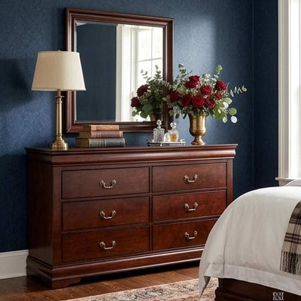 Ryla Wide Dresser, 6 Drawers, Bronze Metal Handles, Cherry Brown Solid Wood By Casagear Home