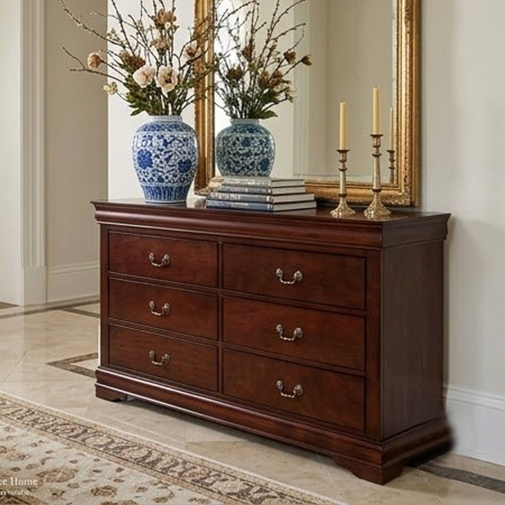 Ryla Wide Dresser, 6 Drawers, Bronze Metal Handles, Cherry Brown Solid Wood By Casagear Home