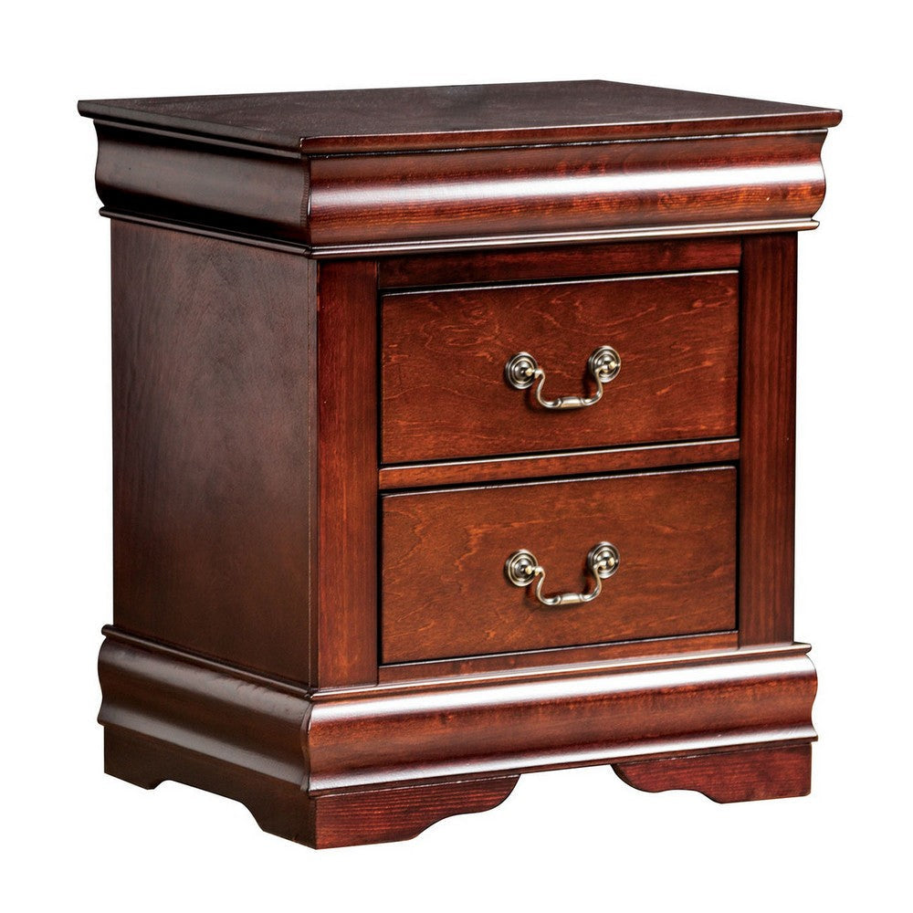 Ryla Nightstand, 2 Drawers, Cherry Brown Solid Wood, Bronze Drop Handles By Casagear Home