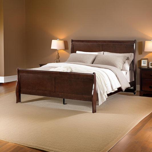 Ryla Queen Size Bed, Sleigh Panel Headboard, Dark Cherry Brown Solid Wood By Casagear Home