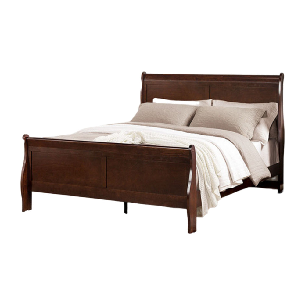 Ryla Queen Size Bed, Sleigh Panel Headboard, Dark Cherry Brown Solid Wood By Casagear Home