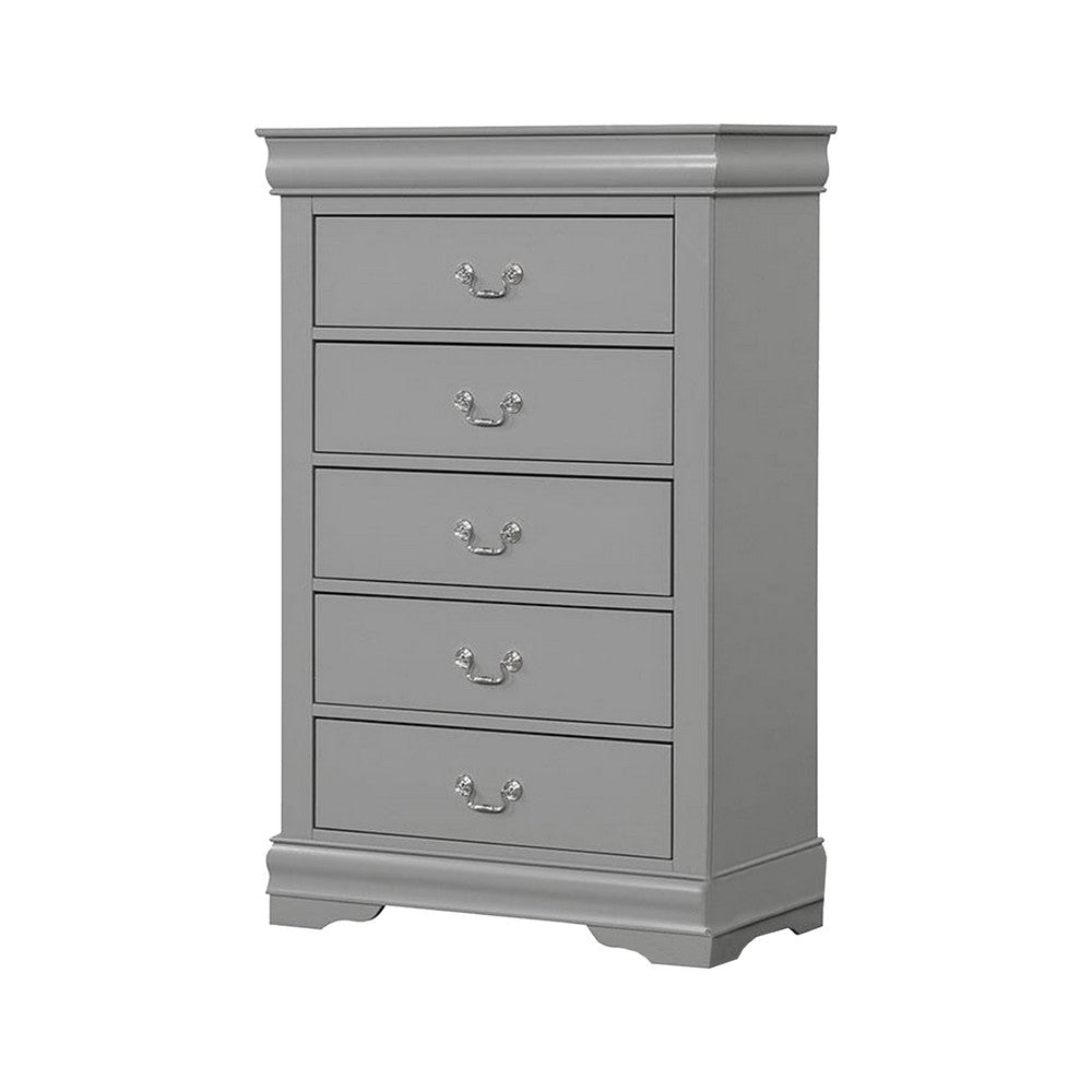 Ryla Tall Dresser Chest, 5 Drawers, Metal Handles, Light Gray Solid Wood By Casagear Home