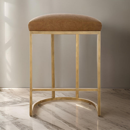 Gyn Counter Height Stool, Brown Faux Leather, D Seat, Gold Cantilever Base By Casagear Home