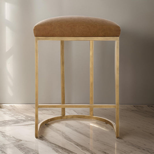 Gyn Counter Height Stool, Brown Faux Leather, D Seat, Gold Cantilever Base By Casagear Home