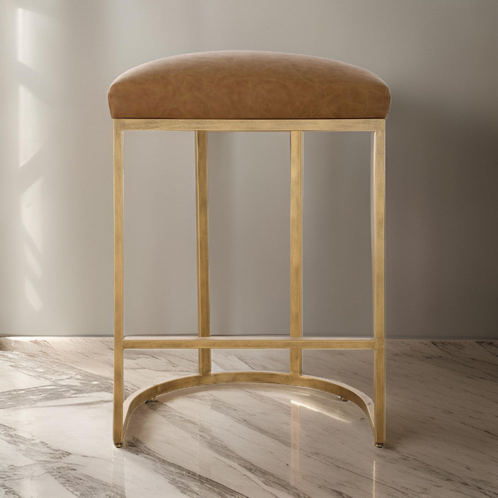 Gyn Counter Height Stool, Brown Faux Leather, D Seat, Gold Cantilever Base By Casagear Home