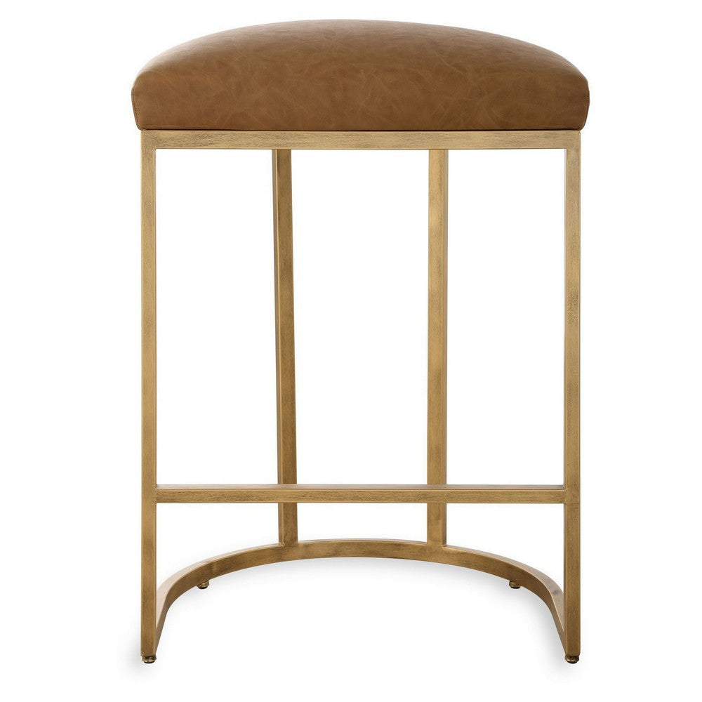 Gyn Counter Height Stool, Brown Faux Leather, D Seat, Gold Cantilever Base By Casagear Home