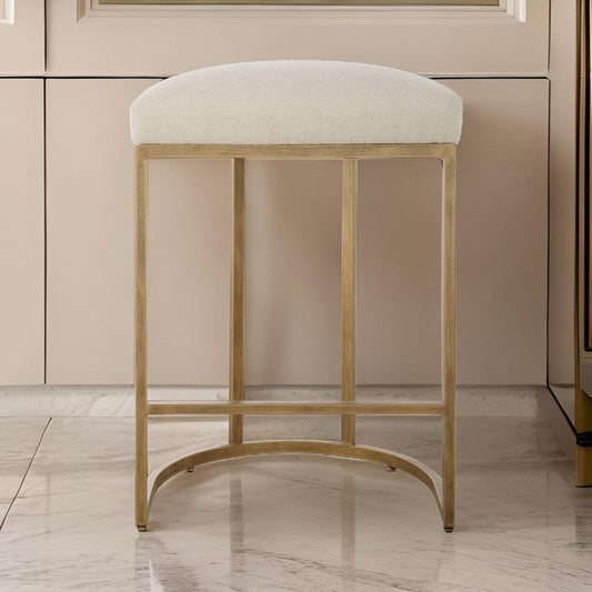 Gyn Counter Height Stool, Cream Performance Fabric, Brass Cantilever Base By Casagear Home