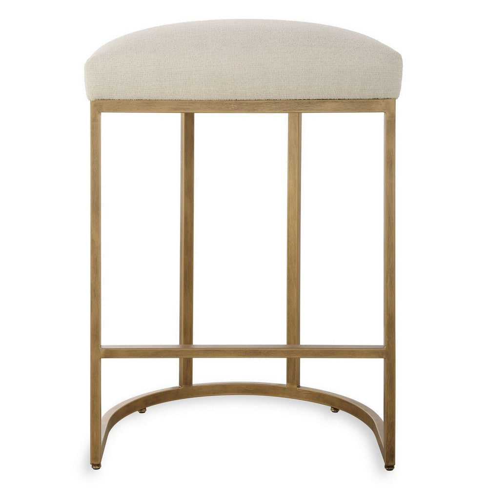 Gyn Counter Height Stool, Cream Performance Fabric, Brass Cantilever Base By Casagear Home