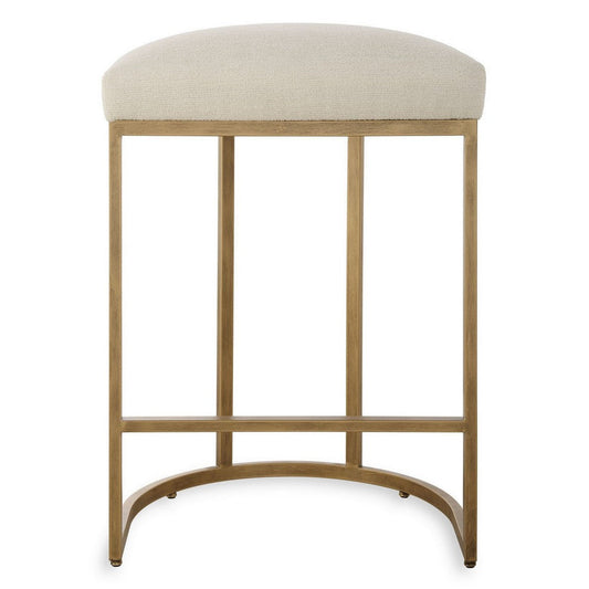 Gyn Counter Height Stool, Cream Performance Fabric, Brass Cantilever Base By Casagear Home