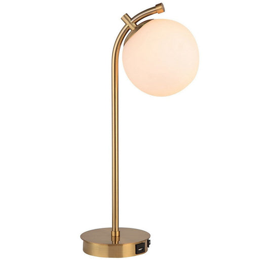 Modern Accent Desk Lamp, Black USB Port, Gold Metal, White Glass Globe By Casagear Home