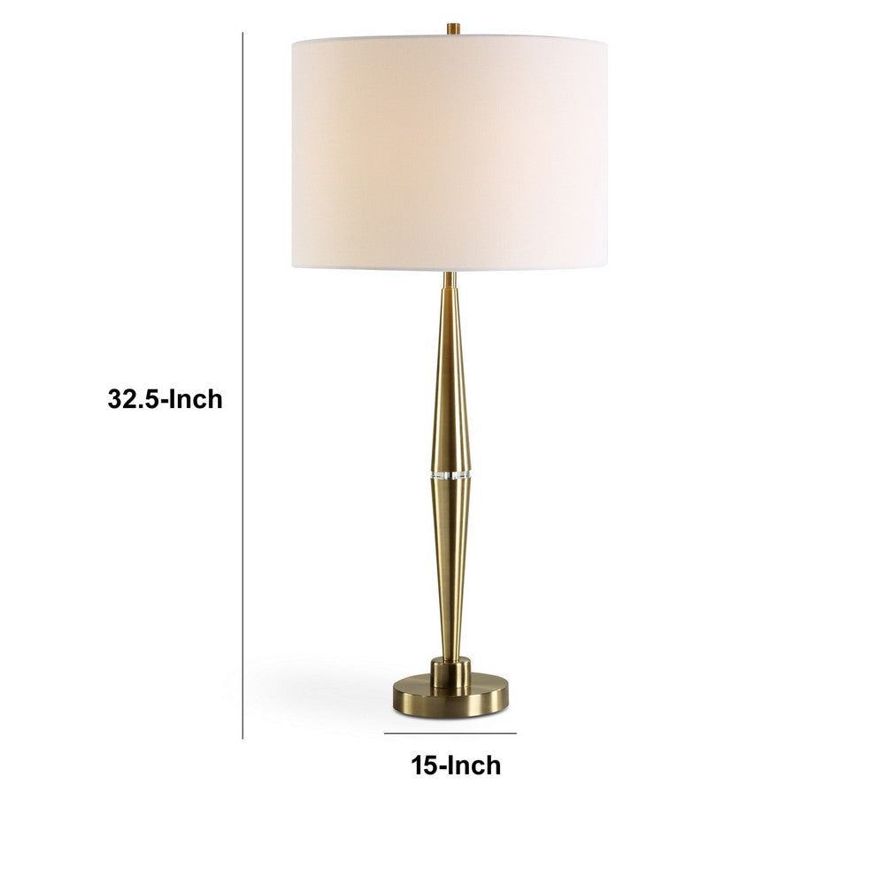 Modern Accent Table Lamp White Linen Drum Shade Gold Metal Tapered Base By Casagear Home BM319925