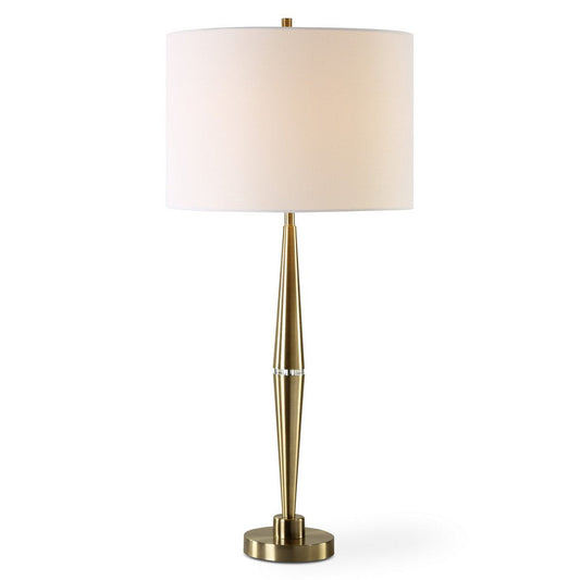 Modern Accent Table Lamp, White Linen Drum Shade, Gold Metal Tapered Base By Casagear Home