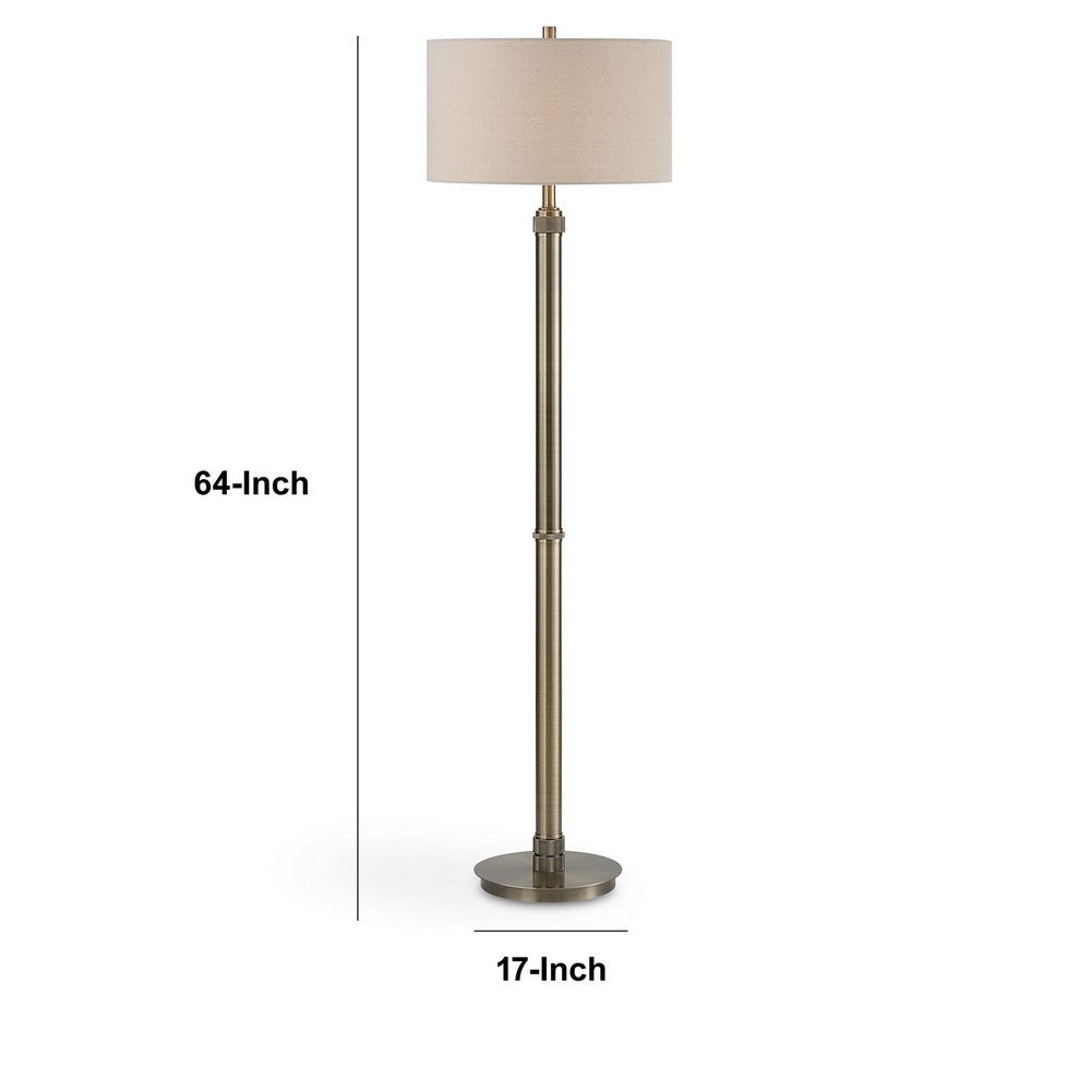 Modern Floor Lamp White Linen Drum Shade Brass Metal Pole Round Base By Casagear Home BM319926