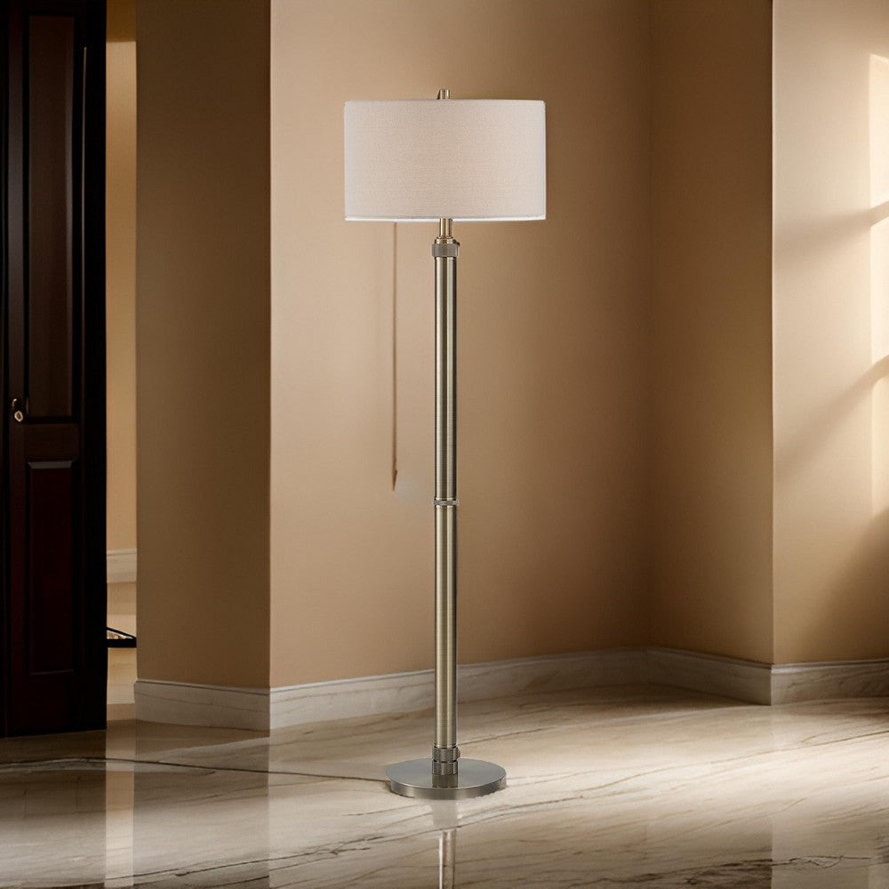 Modern Floor Lamp White Linen Drum Shade Brass Metal Pole Round Base By Casagear Home BM319926