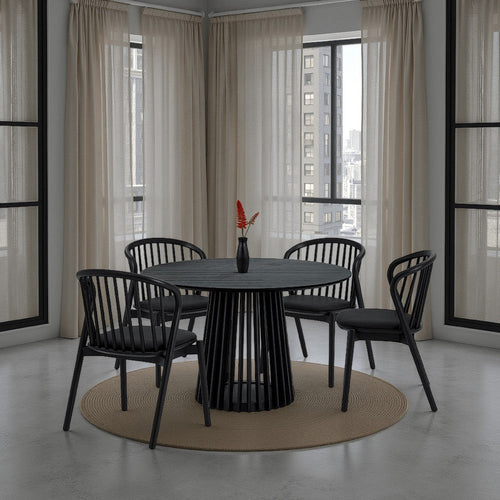 Dyan Dining Table, 47 Inch Round Top, Slatted Open Angled Base, Black Wood By Casagear Home