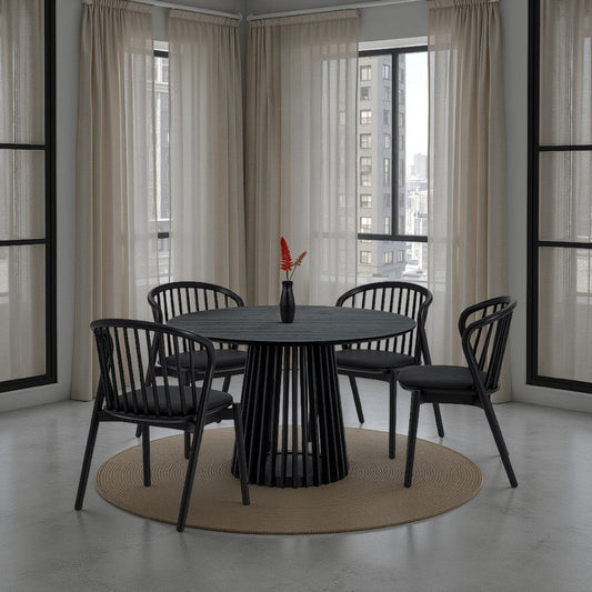 Dyan Dining Table, 47 Inch Round Top, Slatted Open Angled Base, Black Wood By Casagear Home