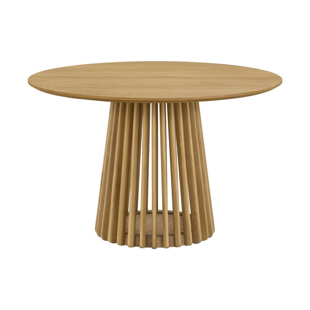 Dyan Dining Table, 47 Inch Round Top, Slatted Slant Base, Natural Oak Brown By Casagear Home