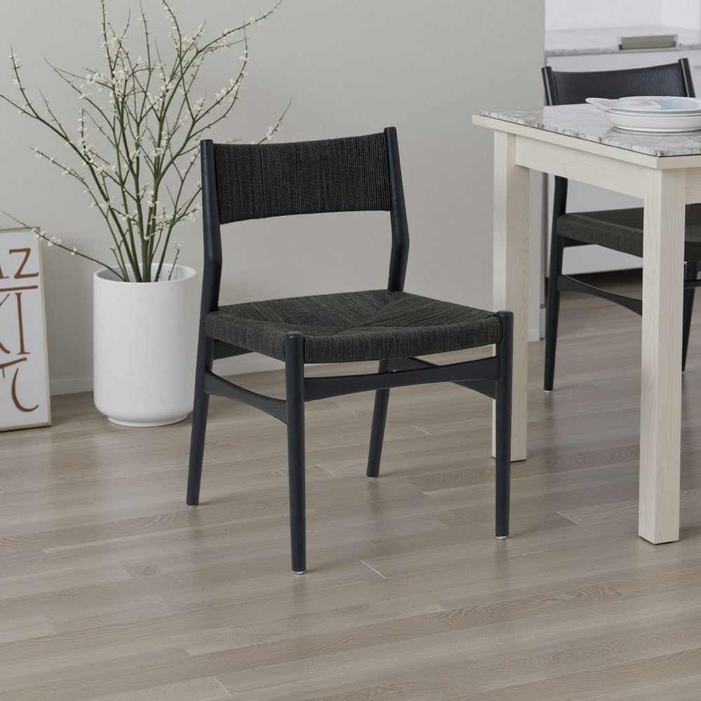 Rie Dining Side Chair Set of 2, Danish Inspired Panel Backrest, Black Woven By Casagear Home