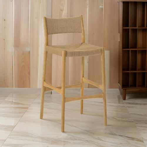Rie Barstool Chair, Danish Inspired Panel Backrest, Brown Woven Paper Cord By Casagear Home