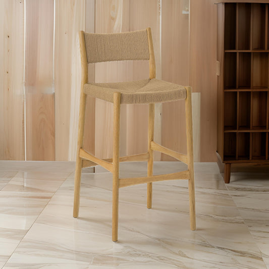 Rie Barstool Chair, Danish Inspired Panel Backrest, Brown Woven Paper Cord By Casagear Home