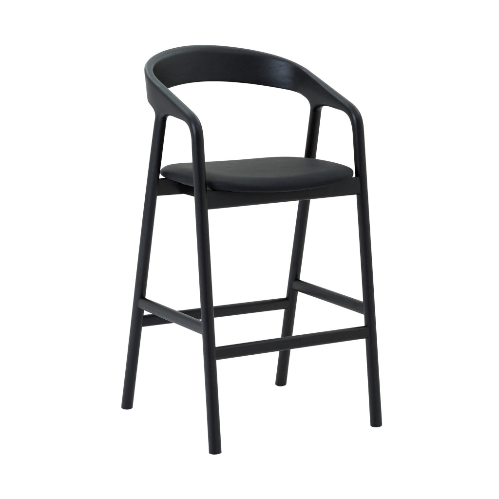 Agas Bar Stool Chair Curved Back Faux Leather Upholstery Black Oak Wood By Casagear Home BM320484