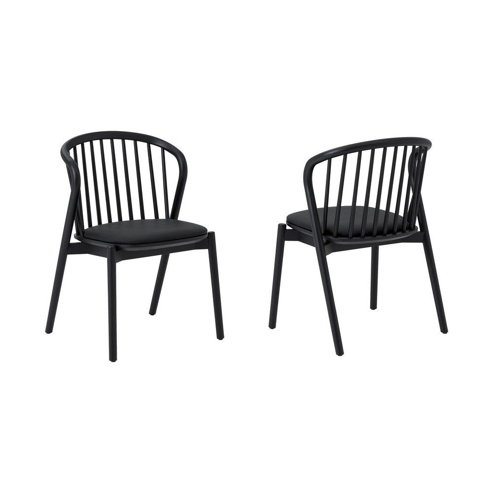 Rchy Dining Chair Set of 2, Curved Spindle Back, Black Faux Leather, Wood By Casagear Home