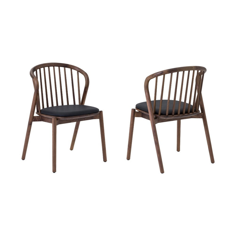 Rchy Dining Chair Set of 2, Curved Spindles, Black Faux Leather, Brown By Casagear Home