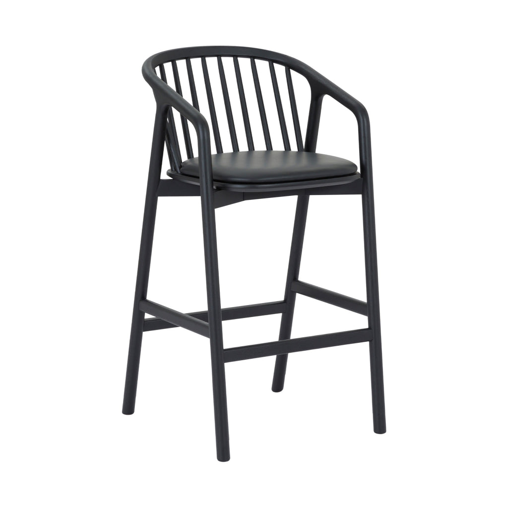 Rchy Counter Stool Chair Curved Spindle Back Black Faux Leather Oak Wood By Casagear Home BM320487