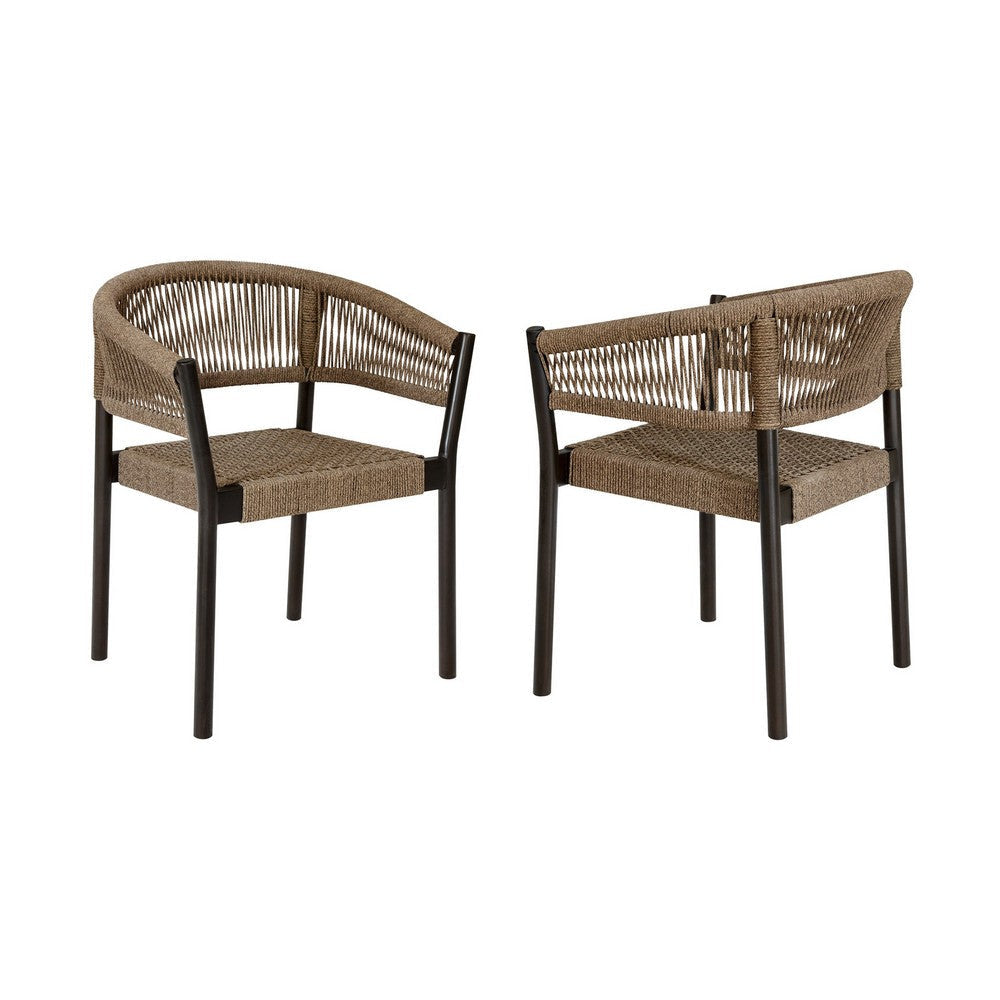 Roi Patio Dining Chair Set of 2, Truffle Rope Woven, Dark Eucalyptus Wood By Casagear Home