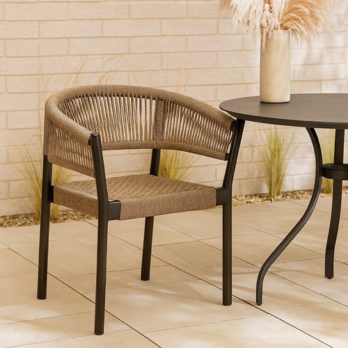 Roi Patio Dining Chair Set of 2, Truffle Rope Woven, Dark Eucalyptus Wood By Casagear Home