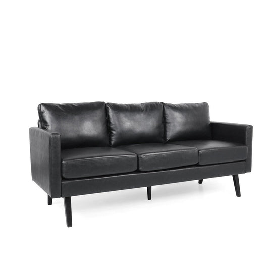 74 Inch Sofa, Black Faux Leather Upholstery, Cushioned, Retro Square Arms By Casagear Home