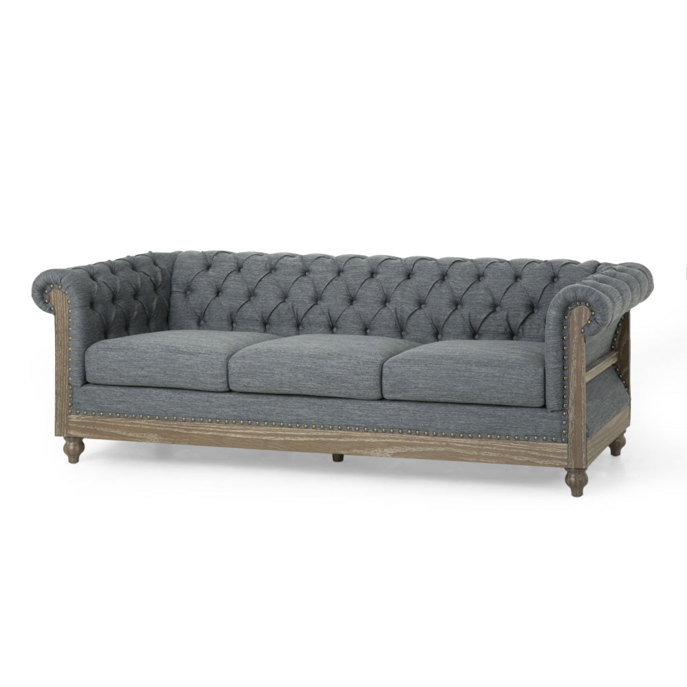 Ober Sofa, Rivets Chesterfield Button Tufted Gray, 86 Inch, Natural Brown By Casagear Home