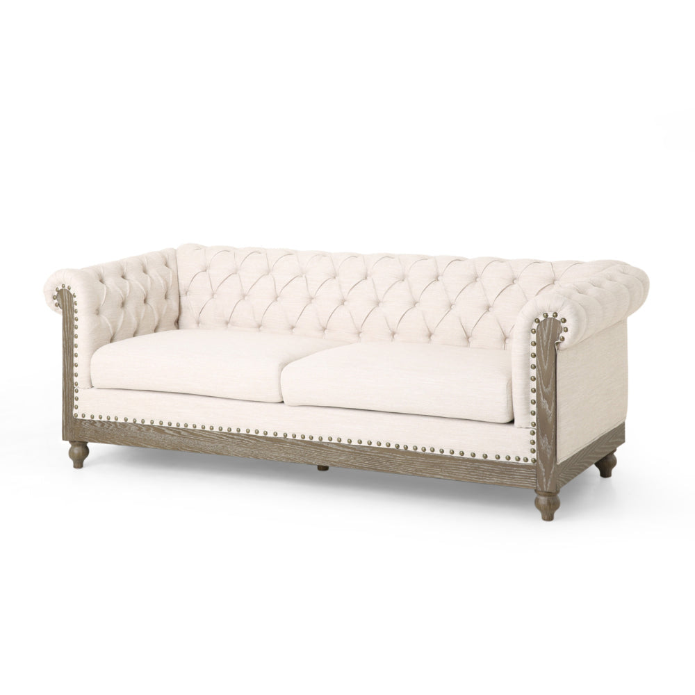 Ober Sofa, Rivets Chesterfield Button Tufted Beige, 86 Inch, Taupe Brown By Casagear Home