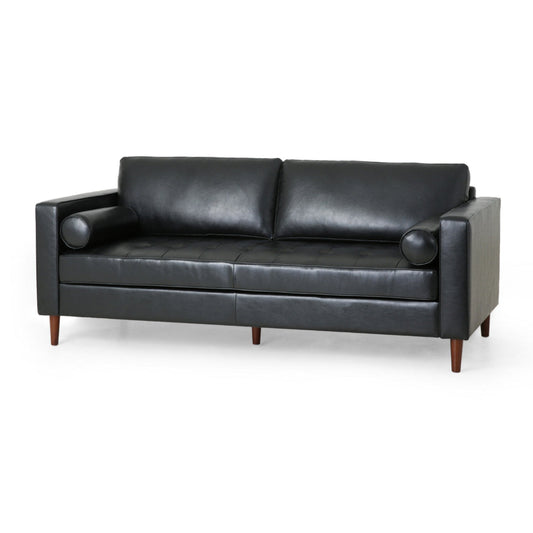 Ayla Sofa, 2 Bolster Pillows, Plush Tufted Black Faux Leather, 82 Inch By Casagear Home