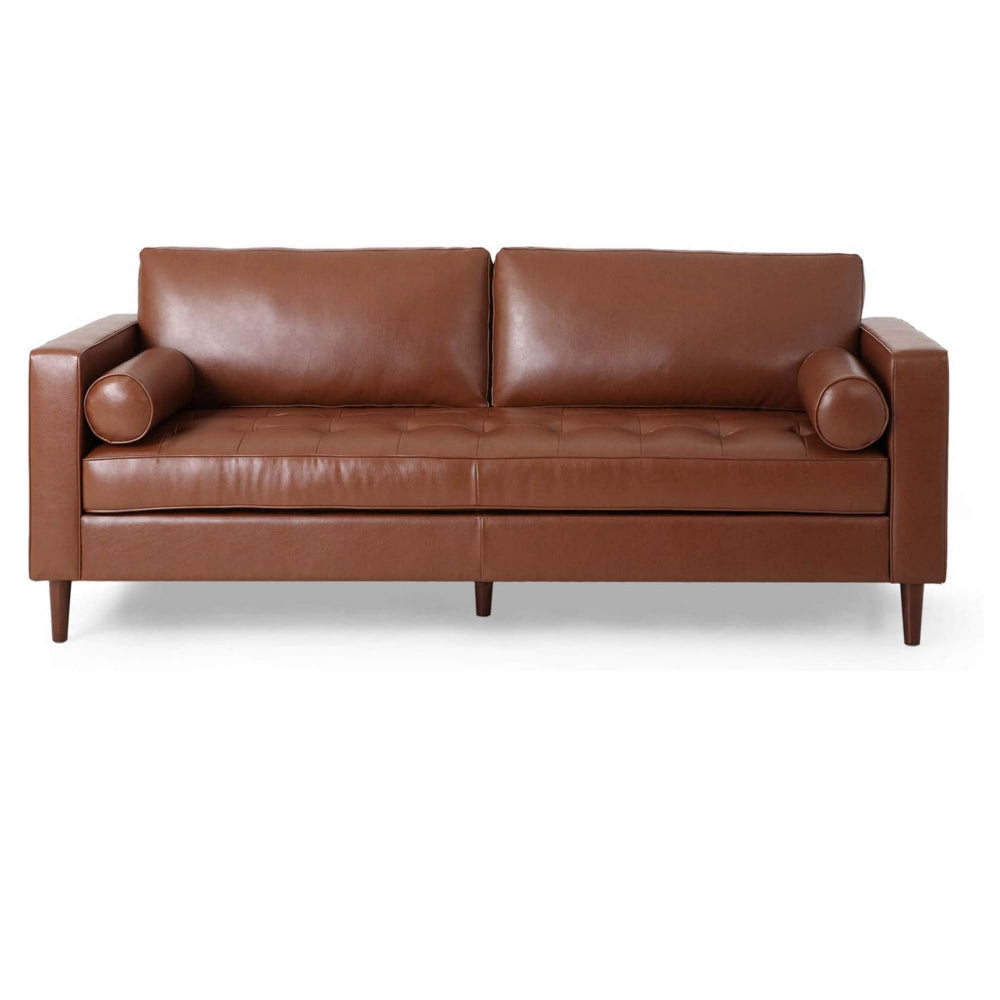 Ayla Sofa 2 Bolster Pillows Plush Tufted Light Brown Faux Leather 82 Inch By Casagear Home BM320508