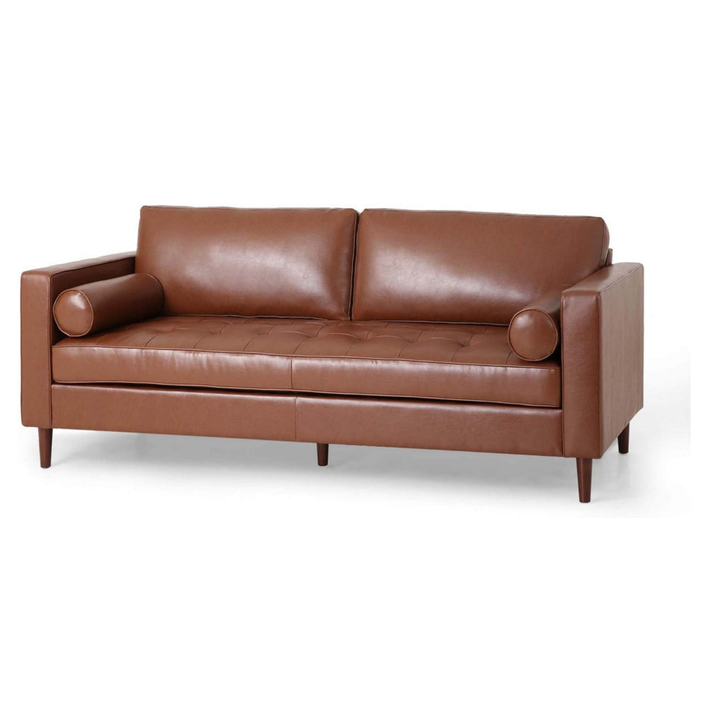 Ayla Sofa, 2 Bolster Pillows, Plush Tufted Light Brown Faux Leather 82 Inch By Casagear Home