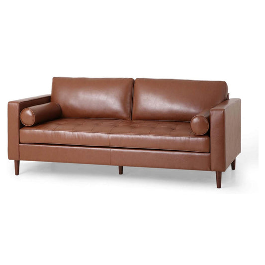 Ayla Sofa, 2 Bolster Pillows, Plush Tufted Light Brown Faux Leather 82 Inch By Casagear Home