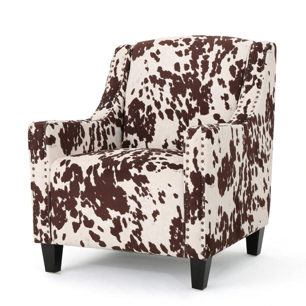 Accent Chair, Sloped Arms, Nailhead, Cowhide Design White Velvet Upholstery By Casagear Home