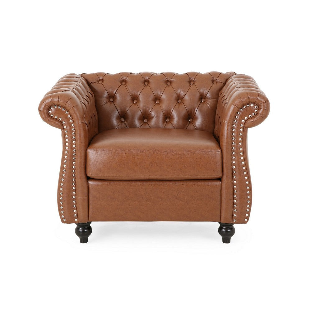 Accent Club Chair Nailhead Chesterfield Tufted in Caramel Faux Leather By Casagear Home BM320515