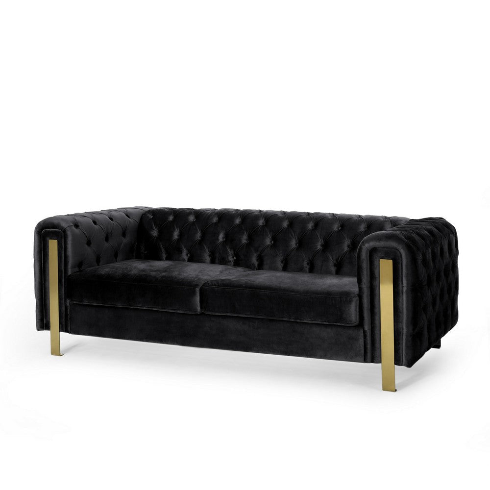 Nua Sofa, Chesterfield Tufted Black Velvet, 84 Inch, Modern Gold Legs By Casagear Home