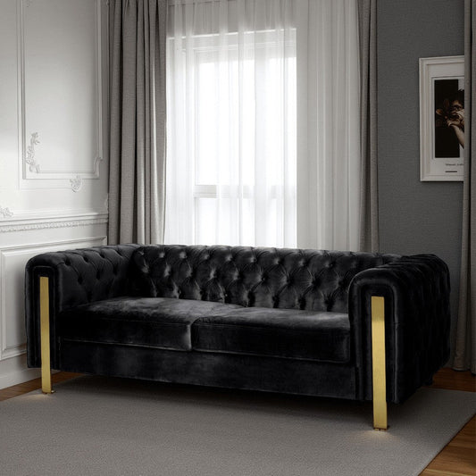 Nua Sofa, Chesterfield Tufted Black Velvet, 84 Inch, Modern Gold Legs By Casagear Home